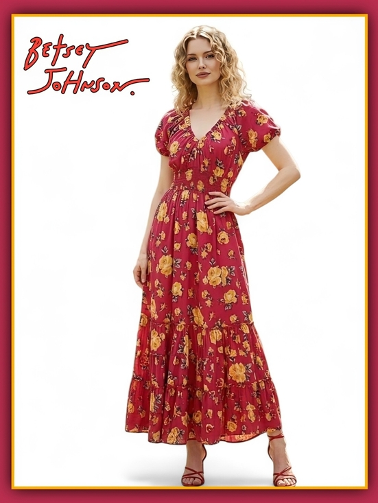 Betsey Johnson Dresses & Skirts - NEW Betsey Johnson Reddish Pink Color with Yellow Rose Print Maxi Dress size L